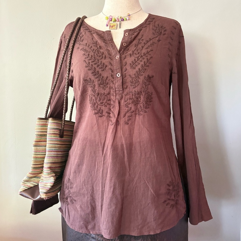 Sheer brown henley with embroidered floral design